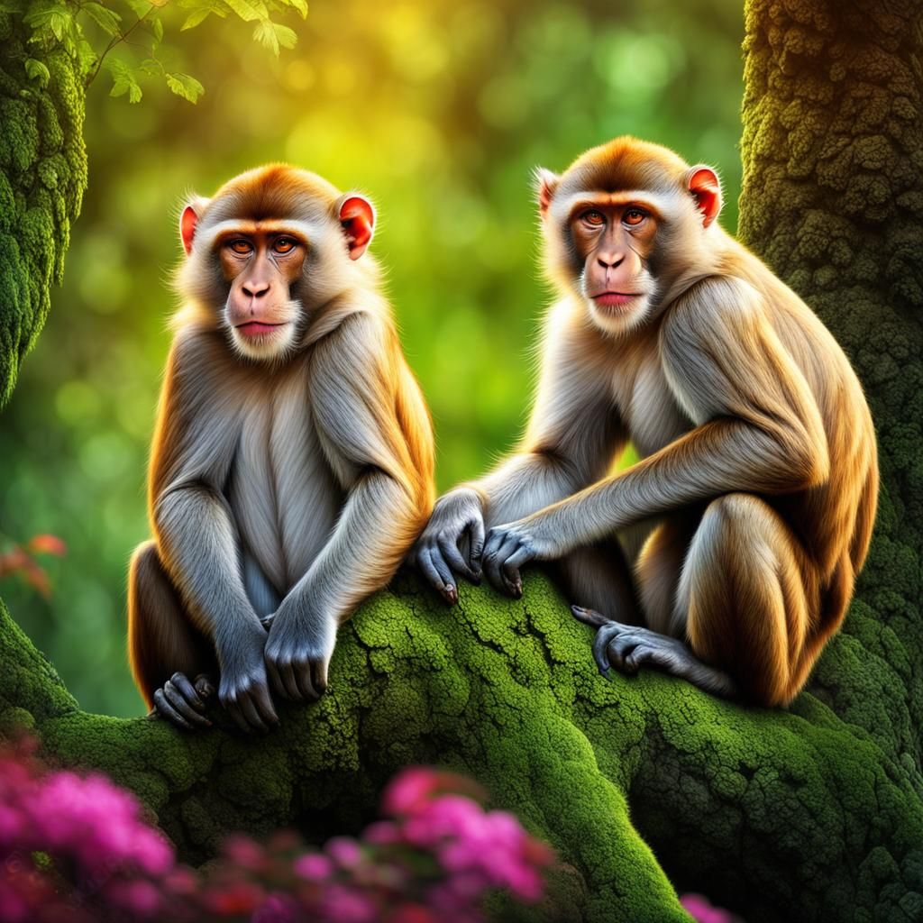 Macaque Family in Forest: Airbrush Art