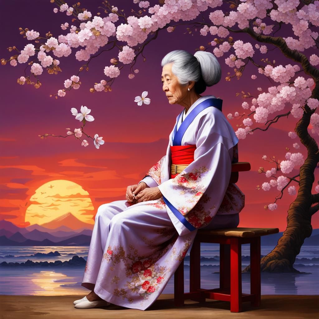 Old Woman in Kimono at Sunset: Fantasy Art