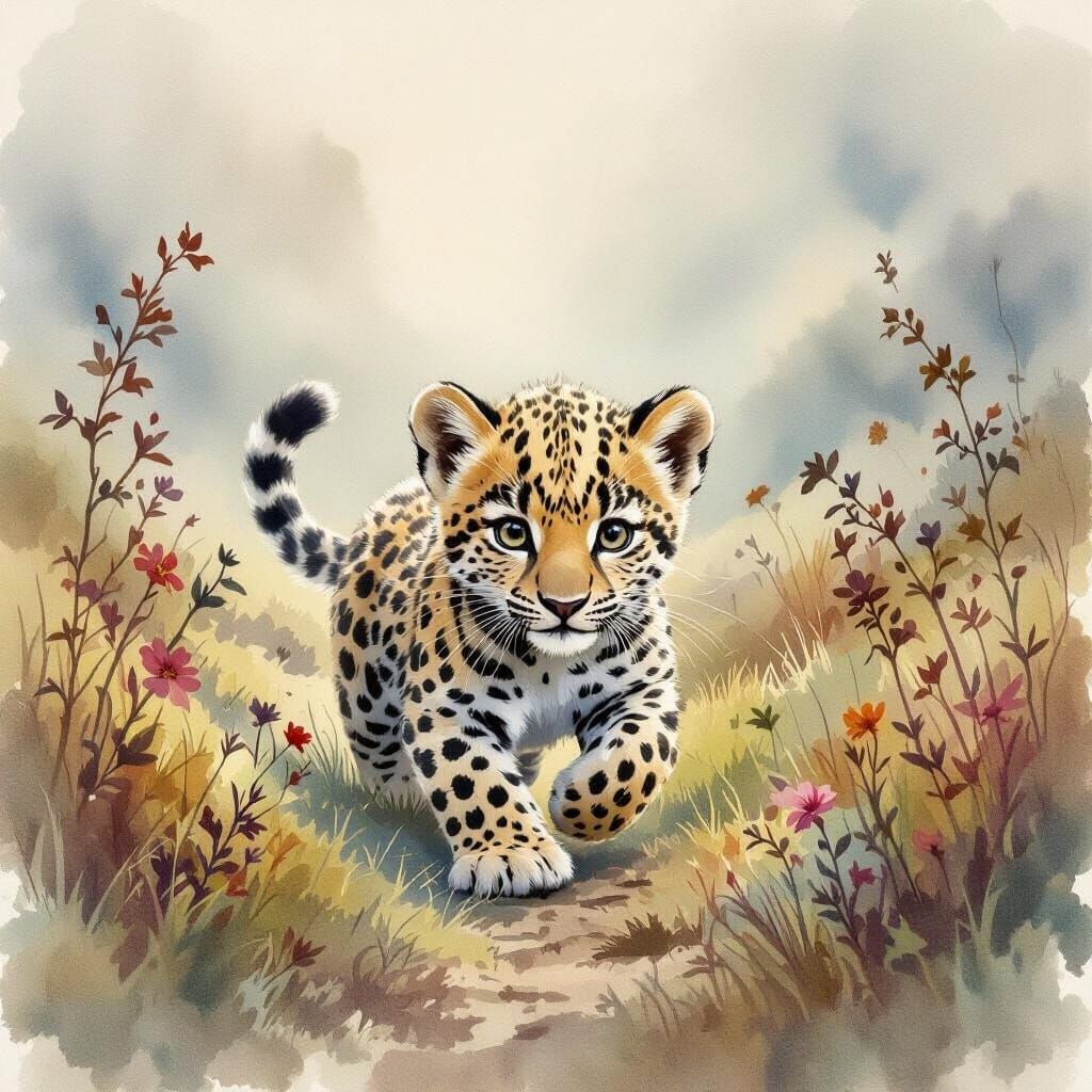 Baby Leopard Runs Through Misty Páramo in Watercolor Style