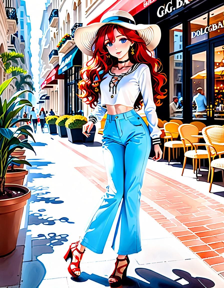 Watercolor Woman in Aqua Summer Outfit on Beach