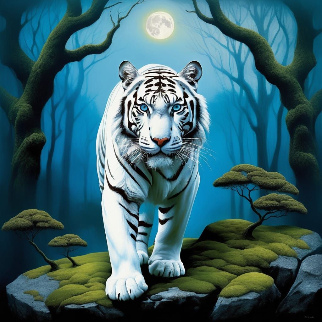 Elegant White Tiger Embodies Power in Surreal Oil Painting