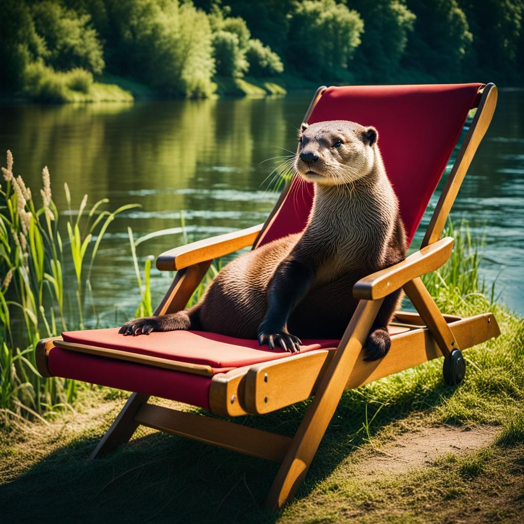 Otter Sunbathing on Deckchair: Cinematic Film Still