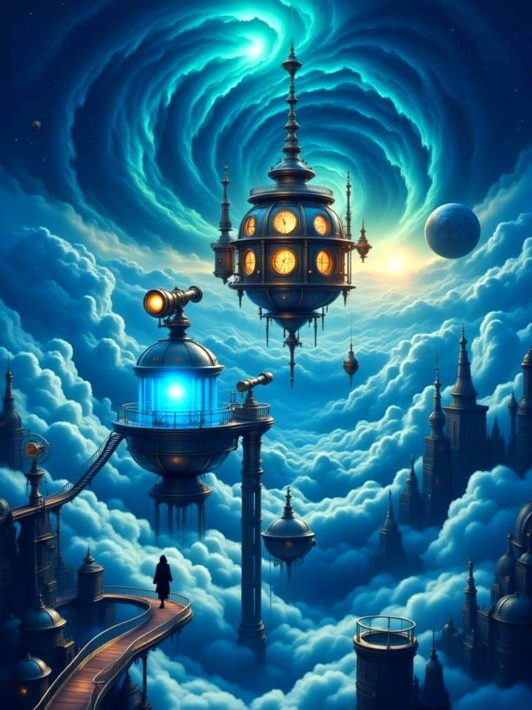 Steampunk Observatory Tower Above Clouds in Aurora