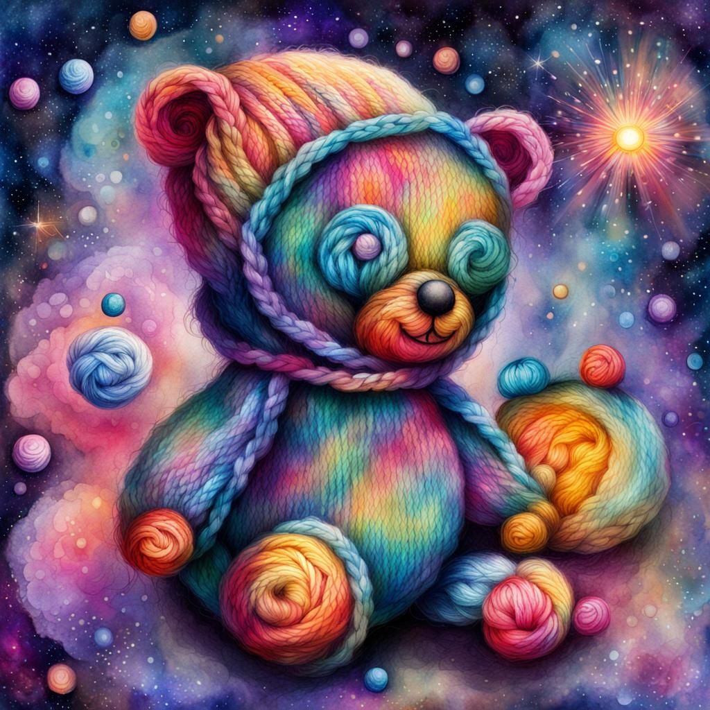 Graffiti Style Watercolour Painting of Knitted Toys