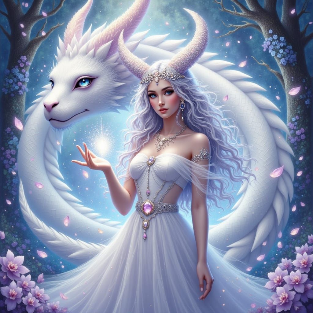 Sorceress with Dragon Companion in Mystical Garden