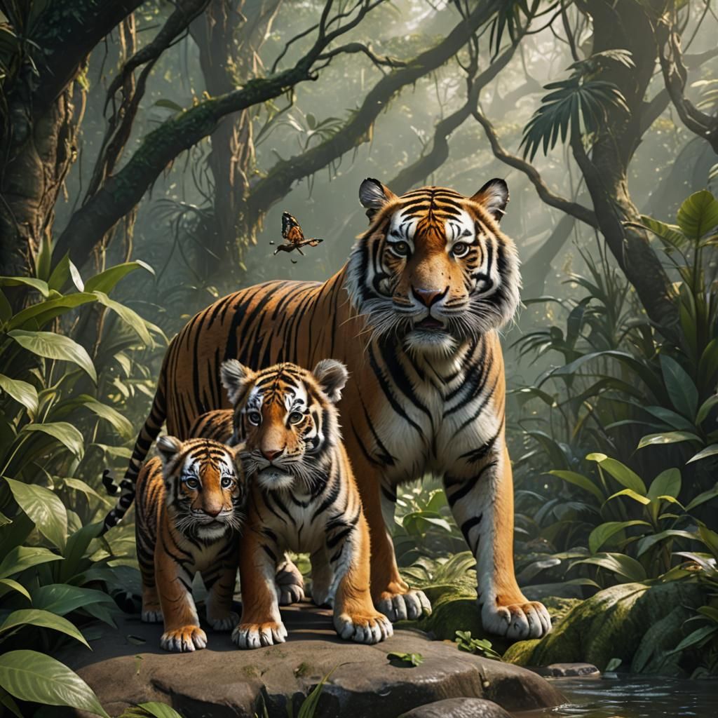 Tigers Playing in Jungle: Fantasy Concept Art