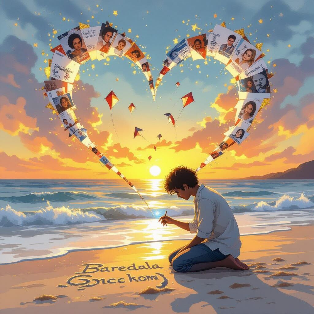 Handala Writing Poem on Shore at Sunset