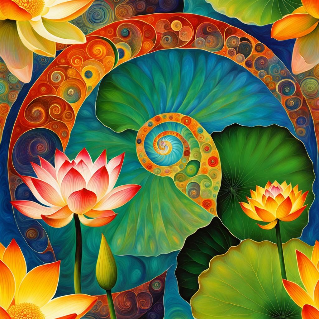 Surreal Fractal Lotus with Fibonacci Spiral in Redon Style