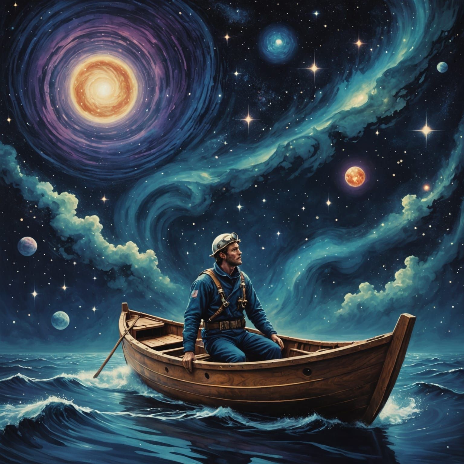 Cosmic Surrealism Sailor Adrift on Starry Ocean