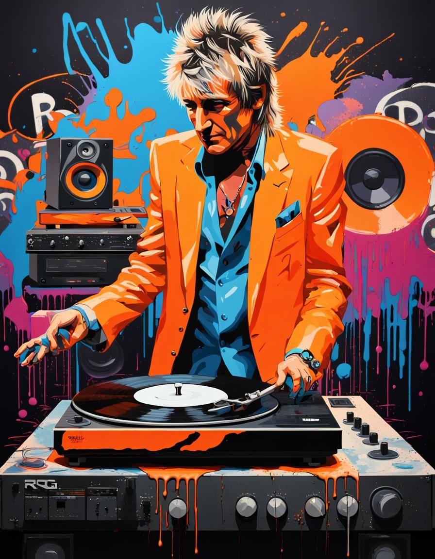 Neon Rod Stewart Graffiti Art with Turntable