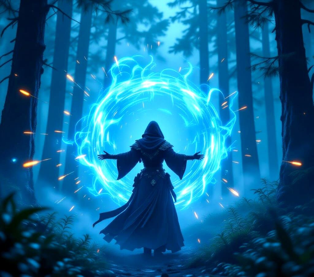 Mystic Mage Defends Against Attack in Cyberpunk Forest