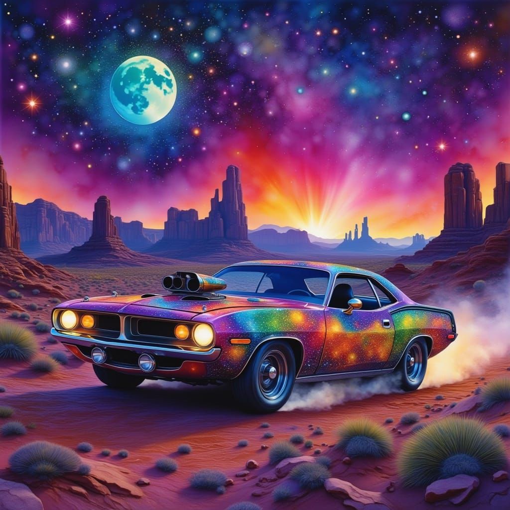 Celestial Plymouth Barracuda Speeds Through Alien Desert