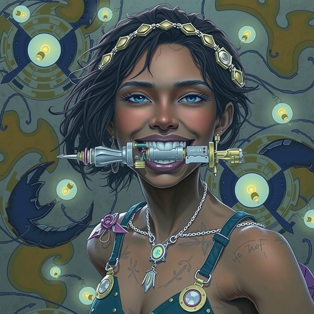 Woman with Nuclear Reactor Suspended Between Teeth in Whimsi...