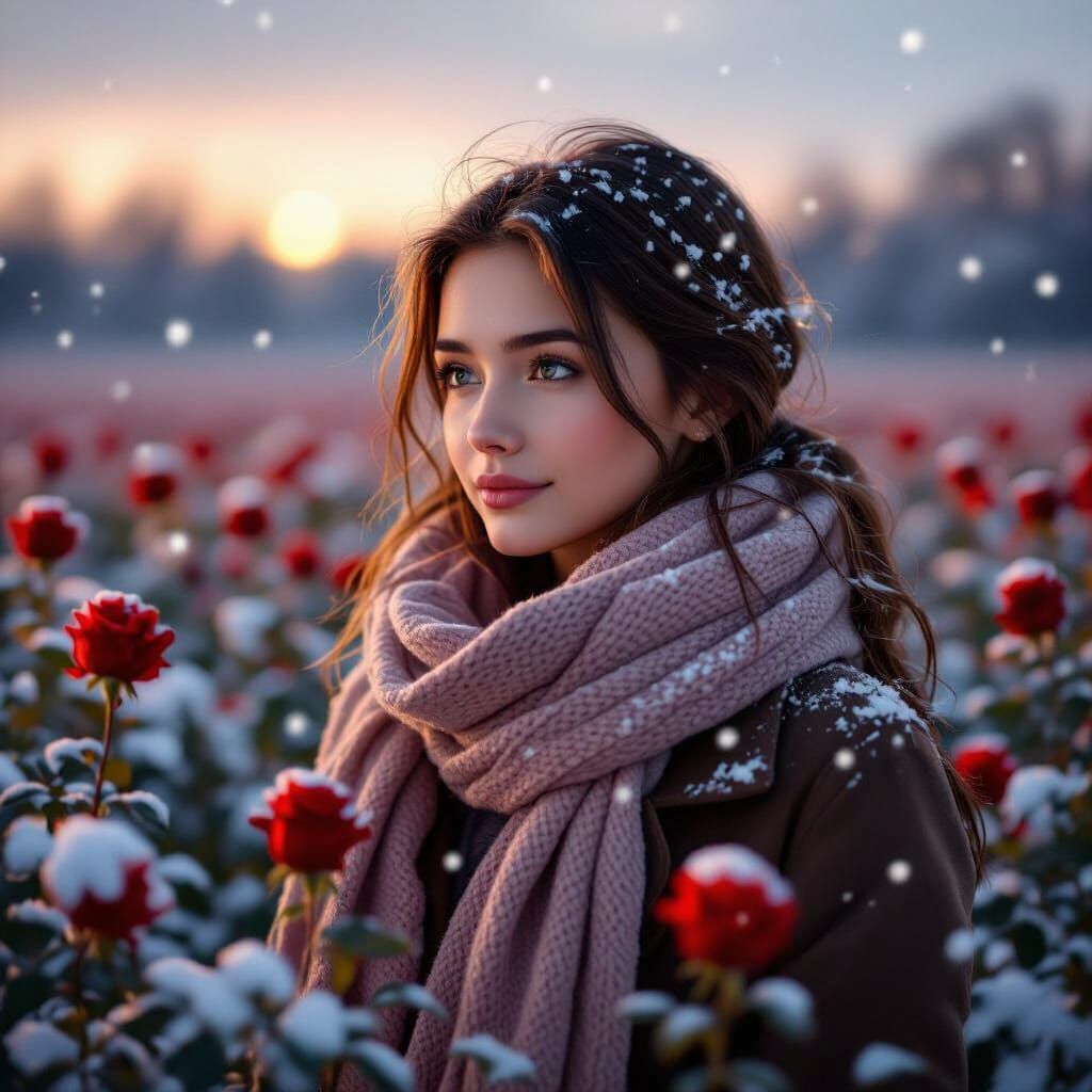 Girl in Snowy Rose Field at Twilight