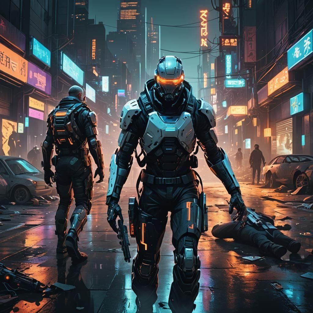 Cyberpunk Exoskeleton Film Still in Gritty City