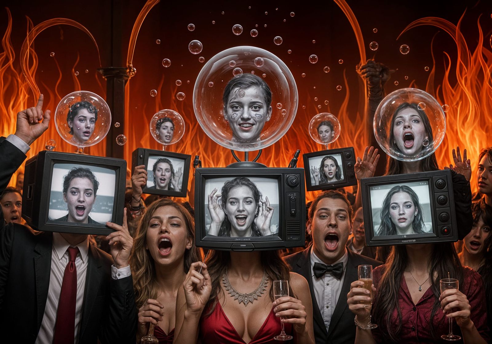 Hell Party Goers With Fears in Bubbles on TV Heads