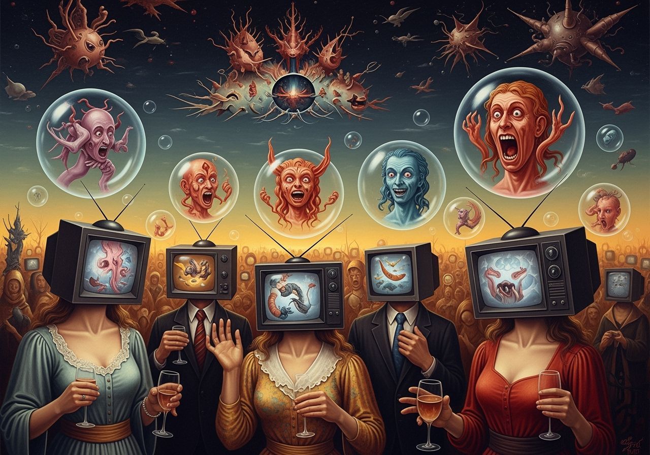 Party Goers in Hell With Fears in Bubble Heads