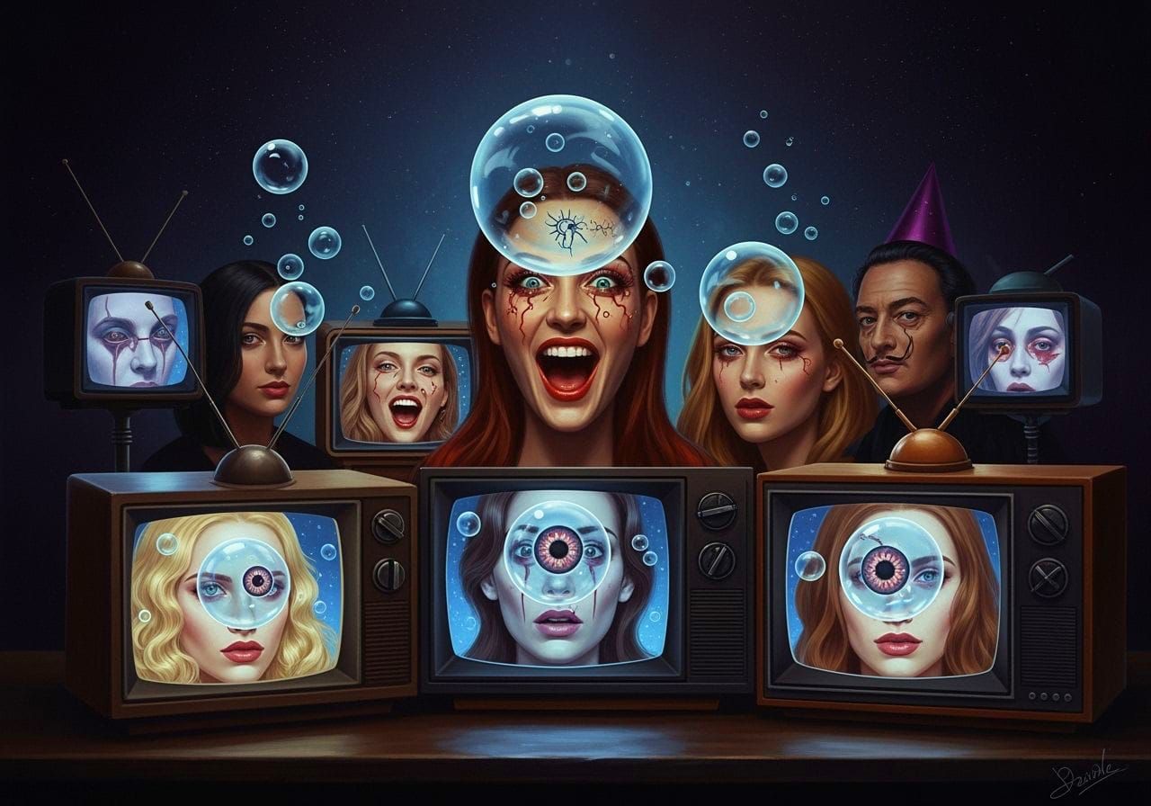 Hell Party Goers With Fears in Bubble TV Heads