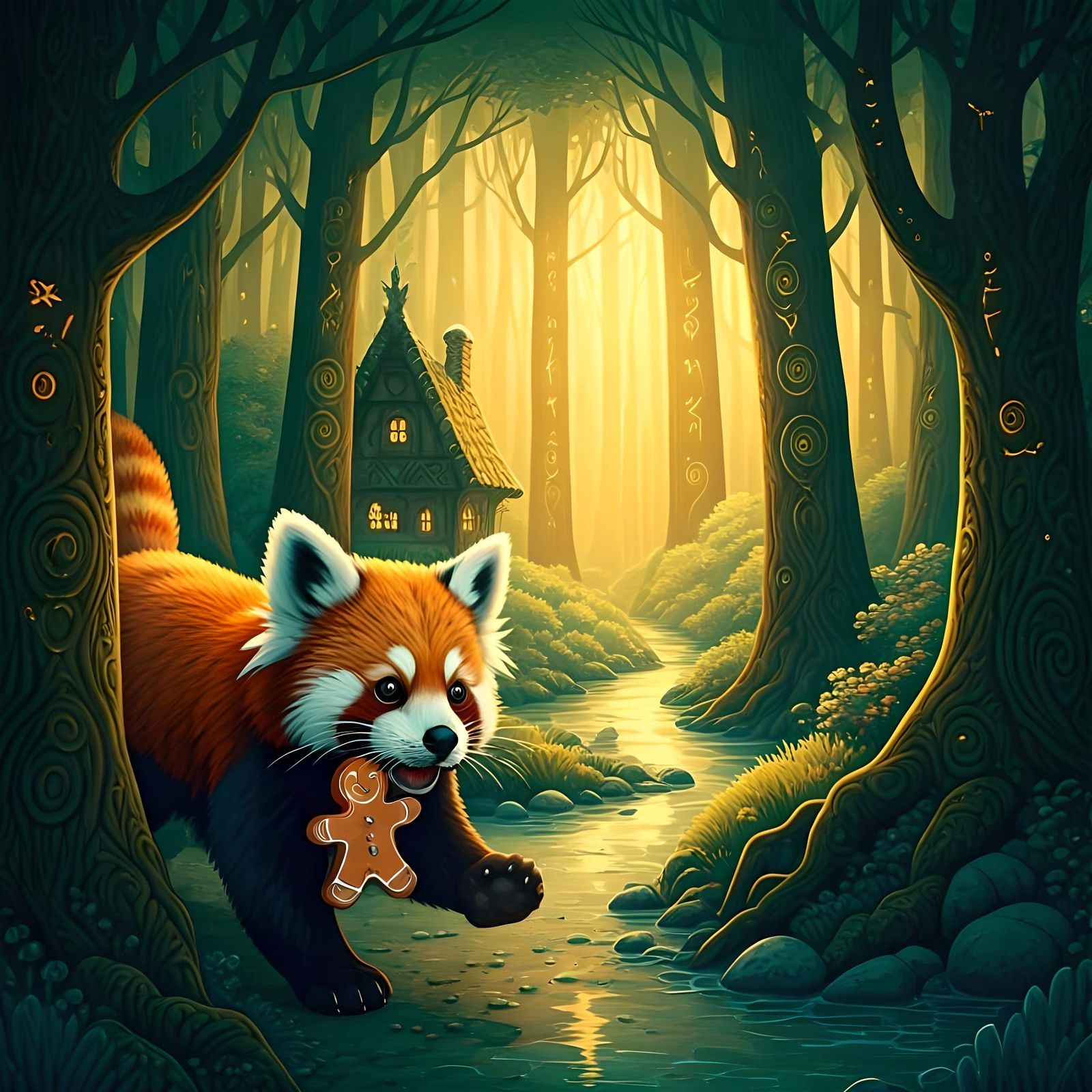 Ginger Red Panda Steals Gingerbread Man in Magic Forest