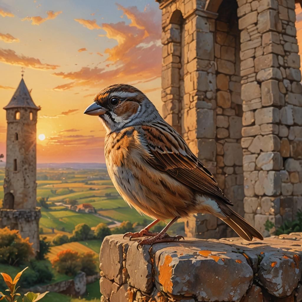Sparrow on Ancient Tower at Sunset in Splash Art