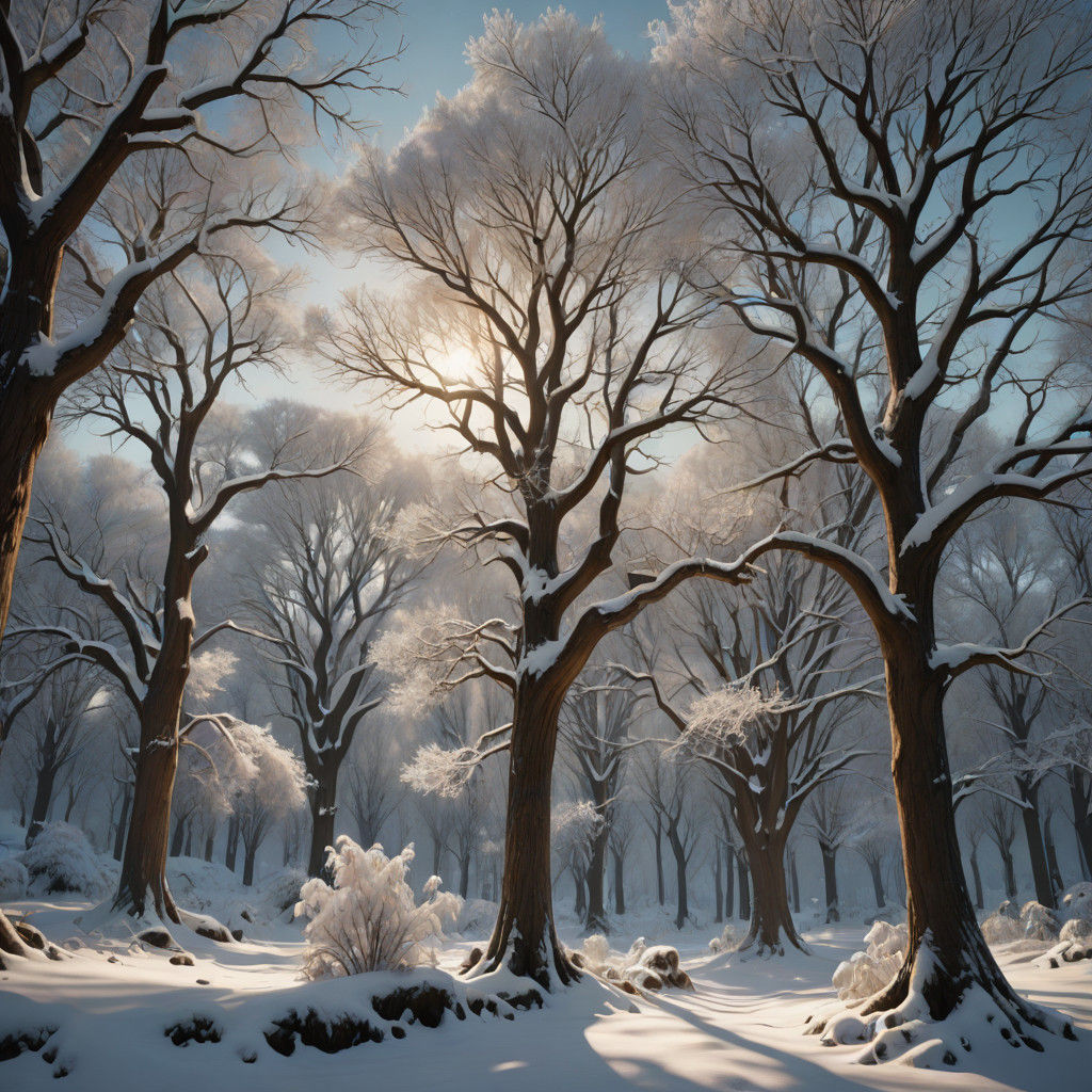 Ethereal Pre-Raphaelite Landscape with Snow-Covered Trees in...