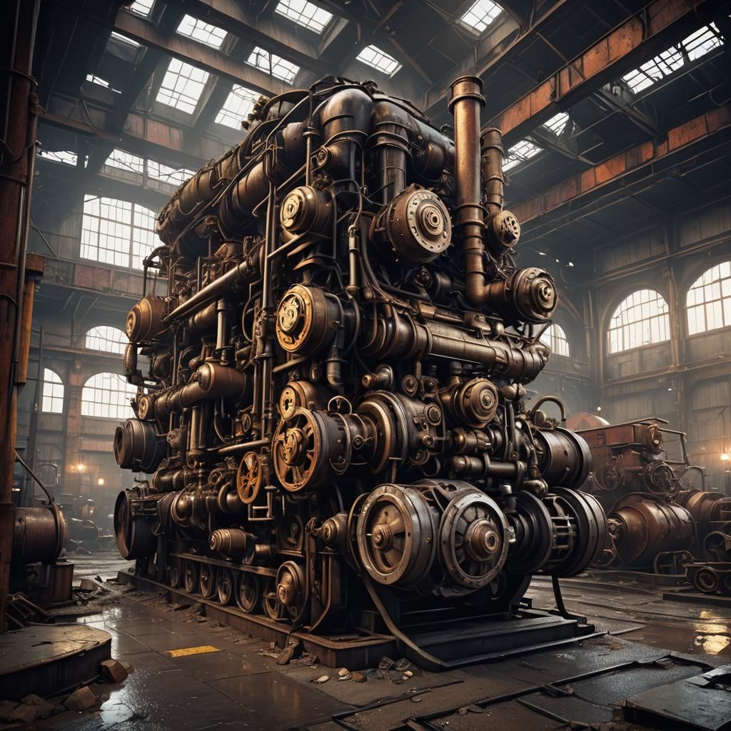 Dieselpunk Factory Interior with Veritas Car at Sunset