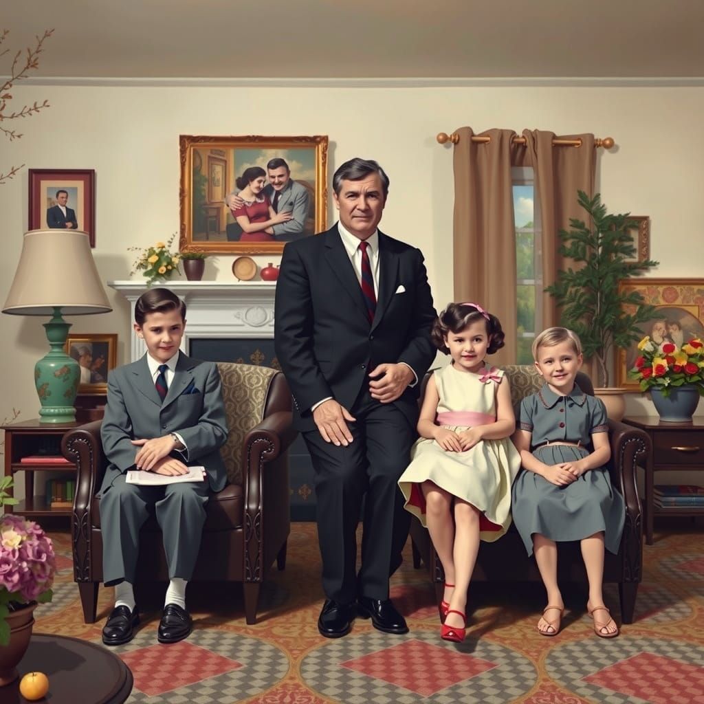 Satirical 1950s Family Portrait in Pop Surrealist Style