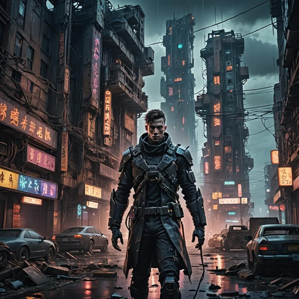 Dystopian Figure in Cyberpunk City Ruins