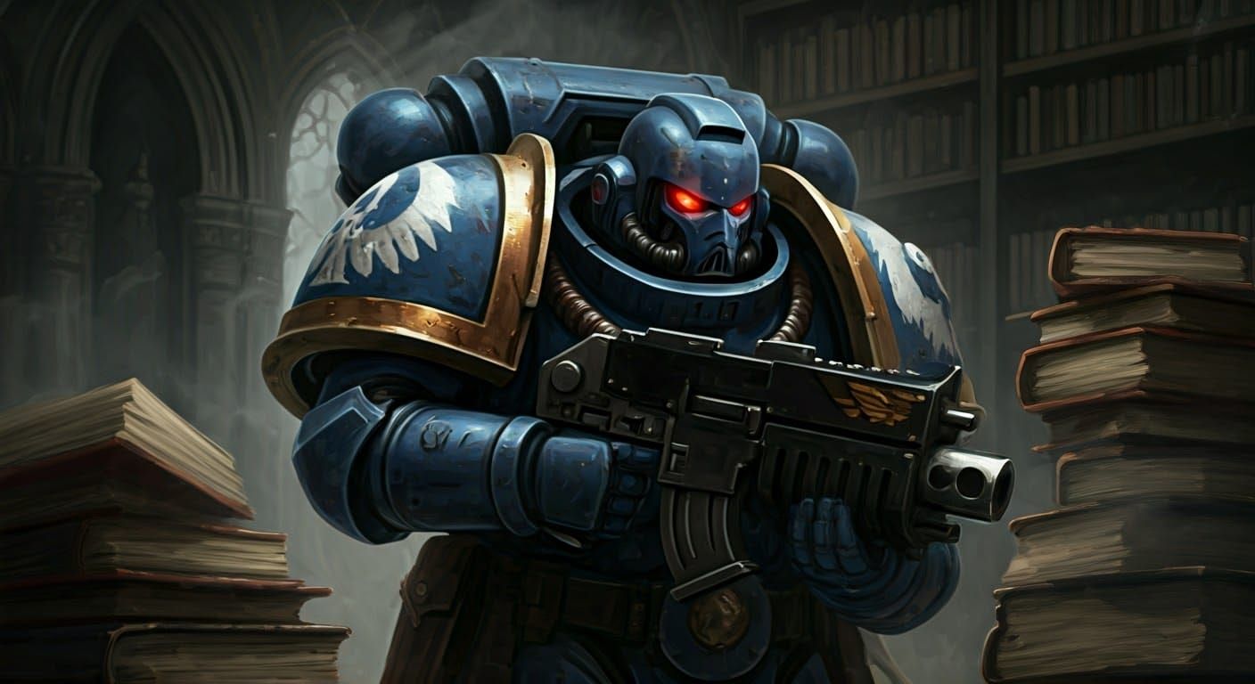 Space Marine Apothecary in Eerie Library Close-Up