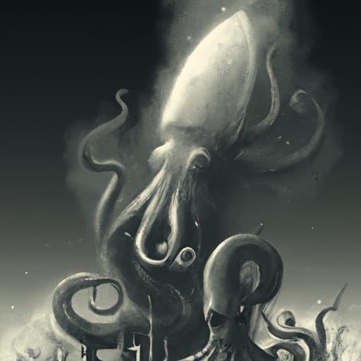 Giant Squid Horror in Engraving Style
