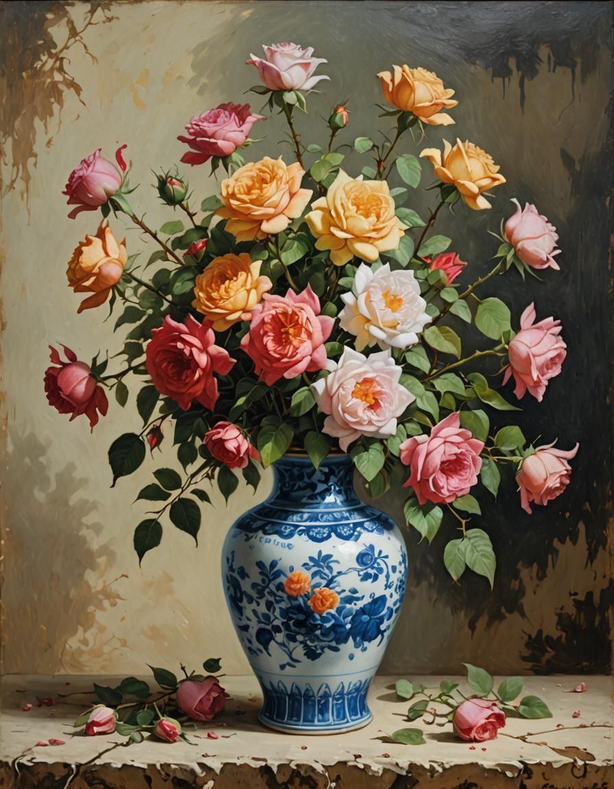 Rose Bouquet in Ming Vase, Oil Painting