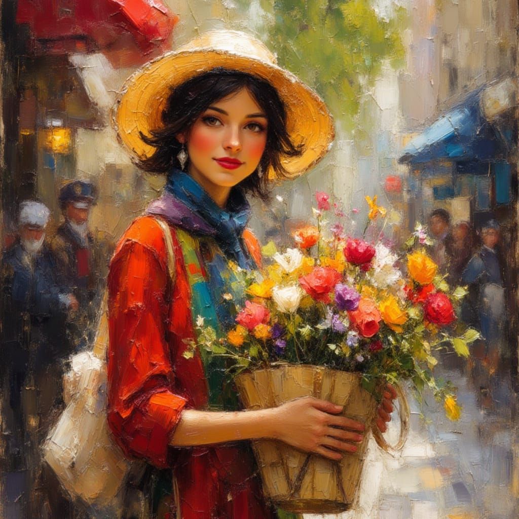 Playful Flower Seller on London Street, Vibrant Oil Painting