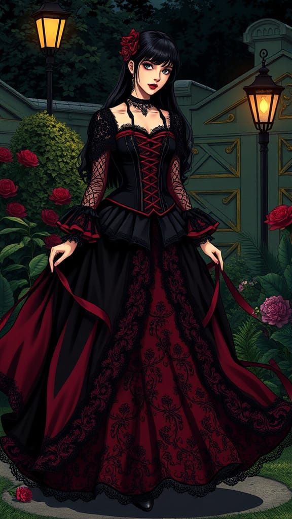 Gothic Woman Strolls Through an English Garden at Night