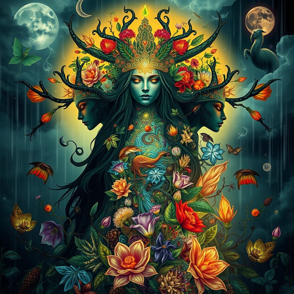 Surreal Goddess of Whimsy and Resilience in a Dreamlike Bota...