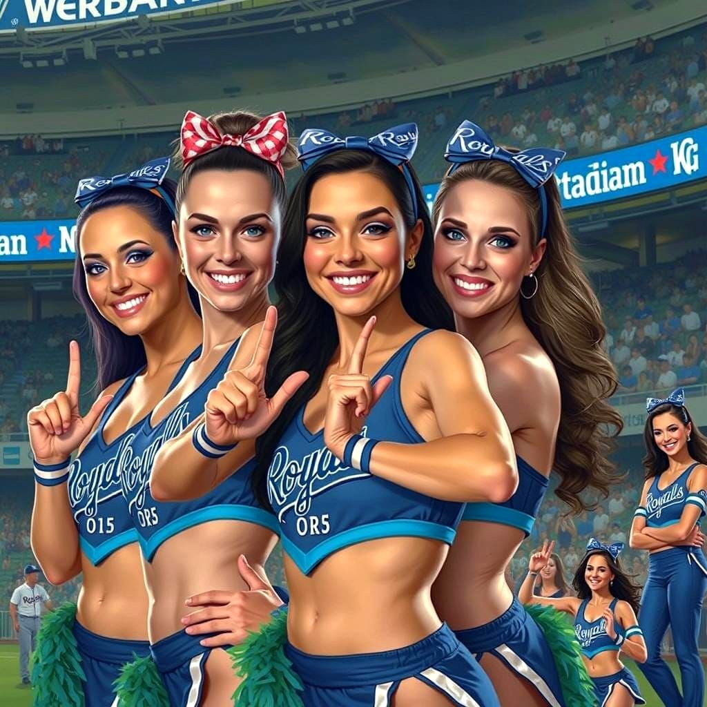 Kansas City Royals cheerleaders entertaining baseball crowd in Kauffman Stadium ballpark