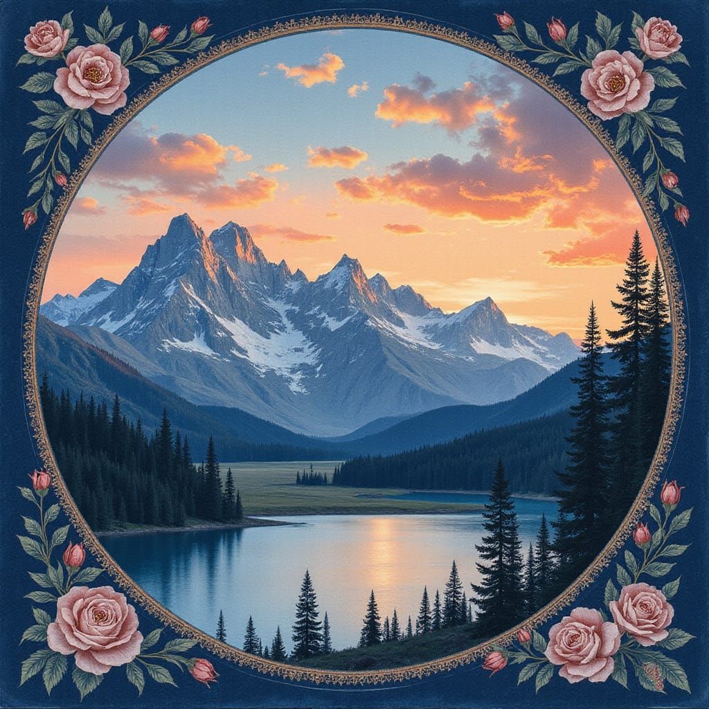 Majestic Mountain Landscape in Whimsical Watercolor