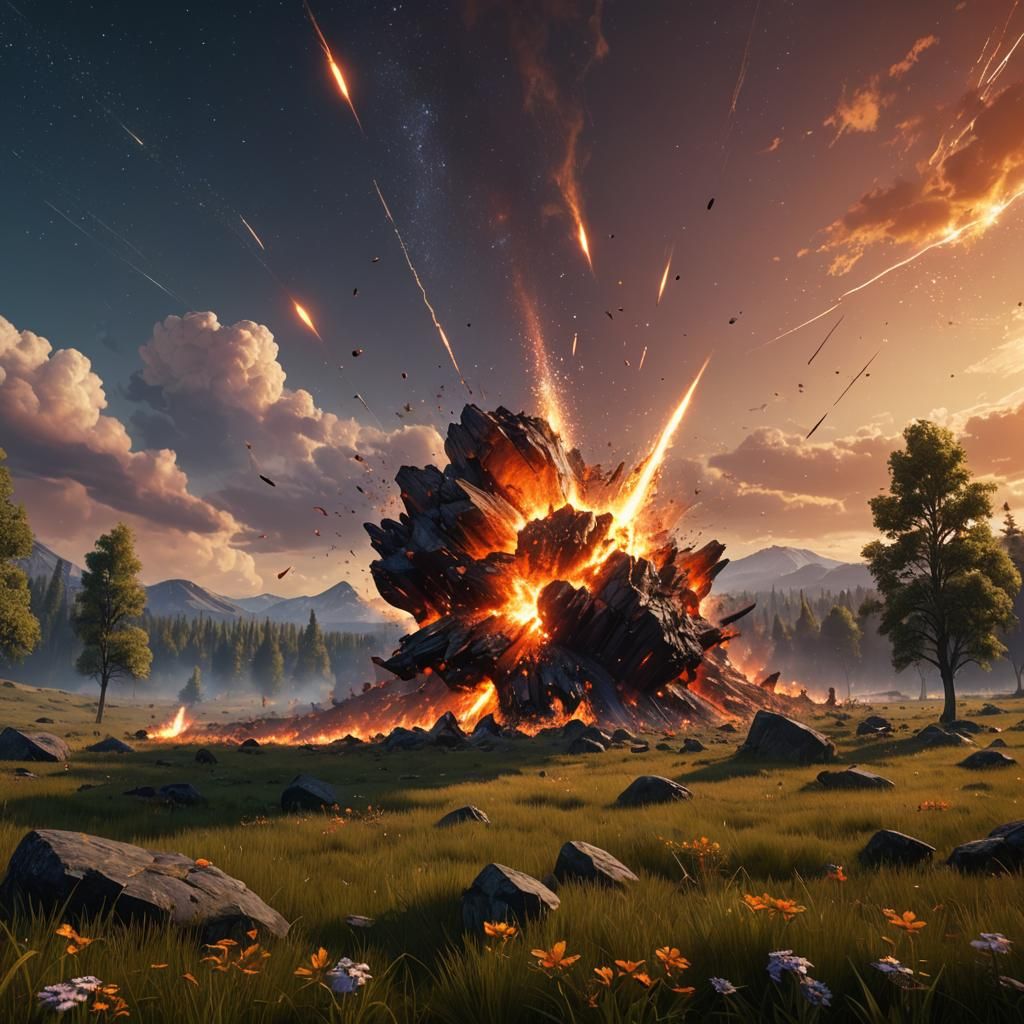 Meteor Impact in Meadow: Detailed Matte Painting