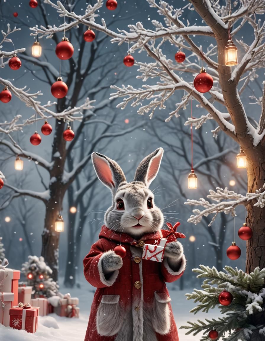Festive Rabbit in Snowy Winter Wonderland