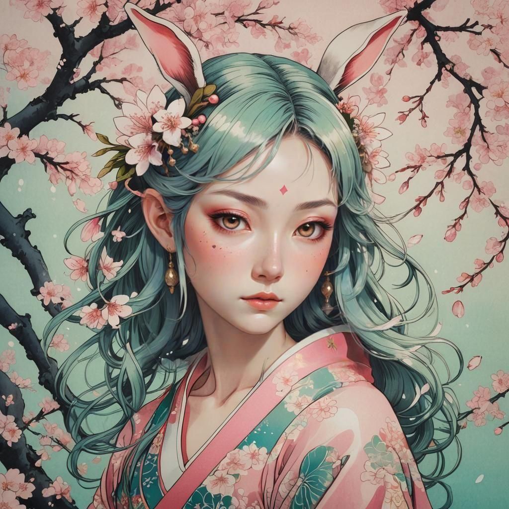 Fairy with Bunny Ears in Ukiyo-e Style