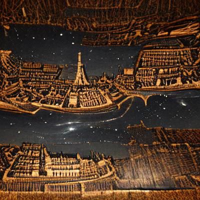 Paris Night Panorama in Woodcut Style