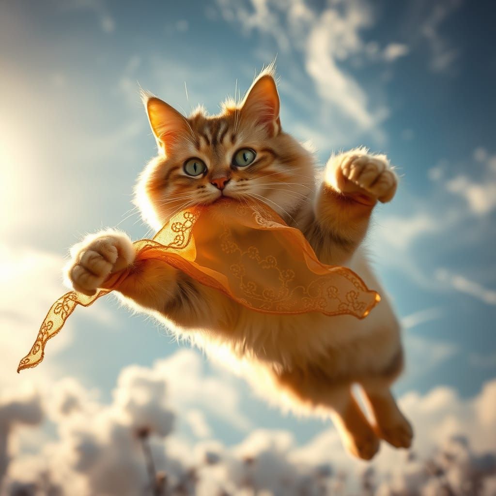 Gigantic Cat Soars Through Air with Golden Crepe