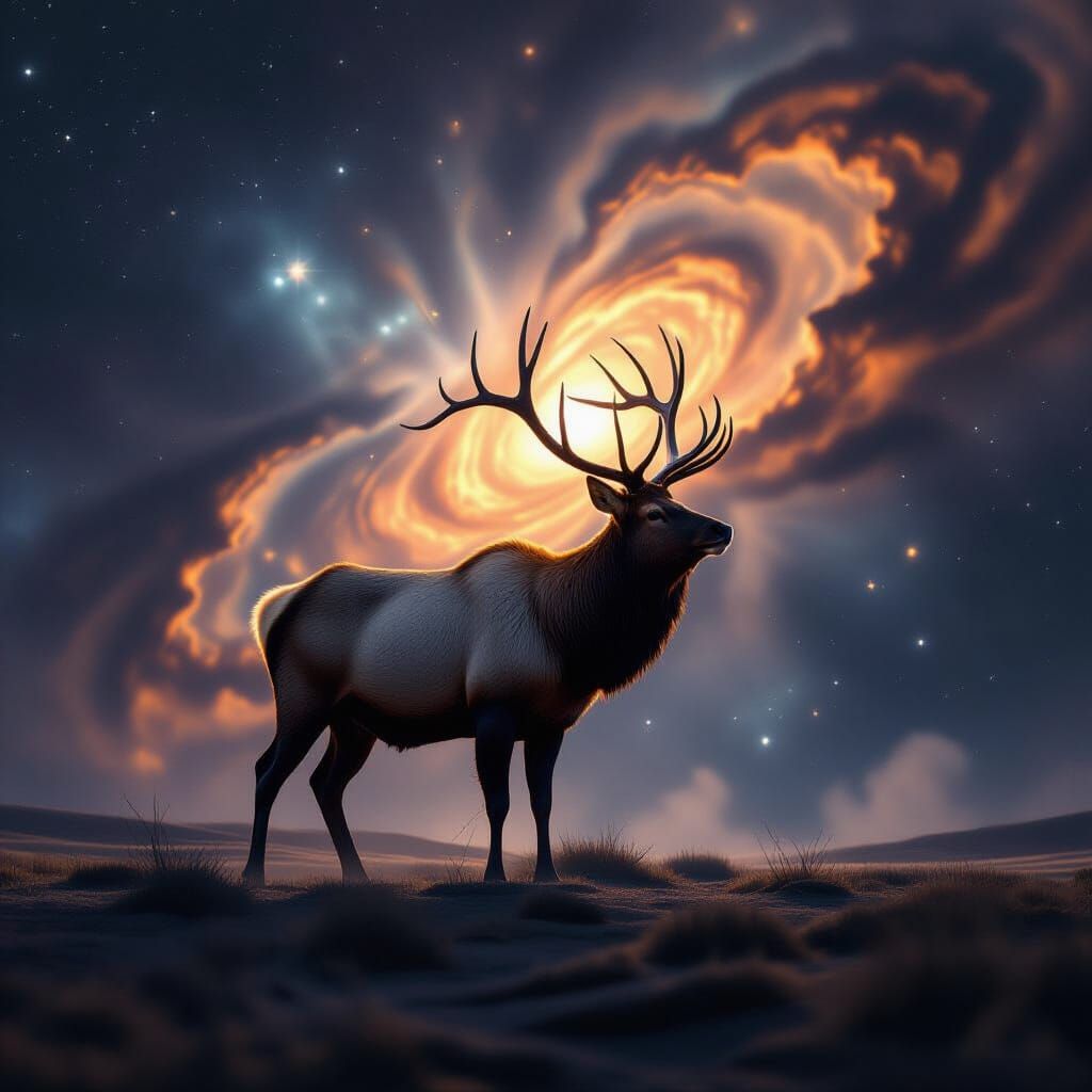 Ancient Elk Silhouette Against Cosmic Nebula