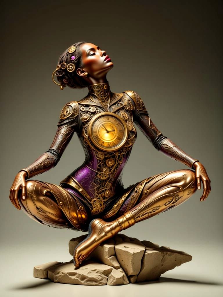 Steampunk Sculpture with Celestial Energy in Purple and Gold