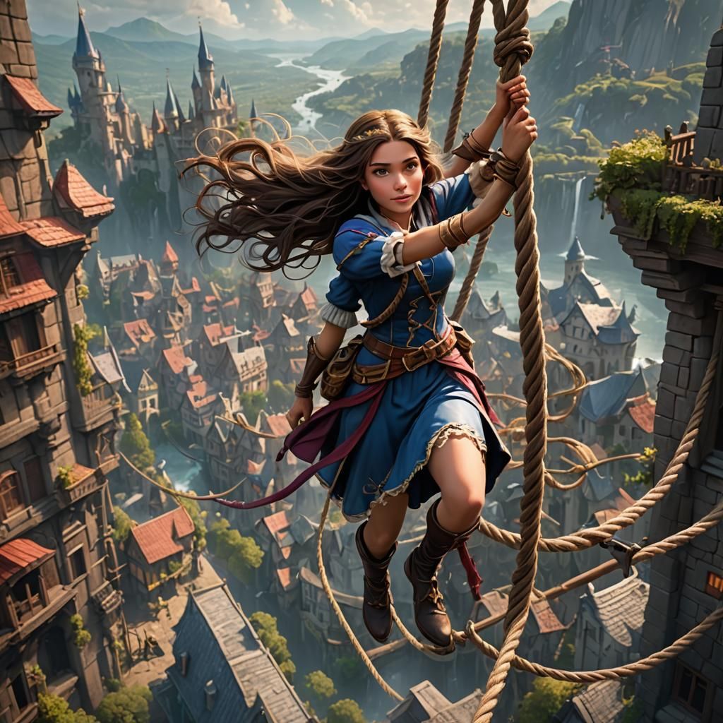 Cute Princess Climbing Rope: Fantasy Concept Art