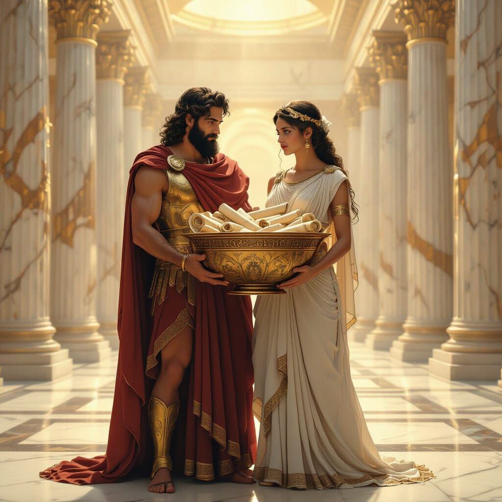 Hermes and Hestia in a Temple with Scrolls