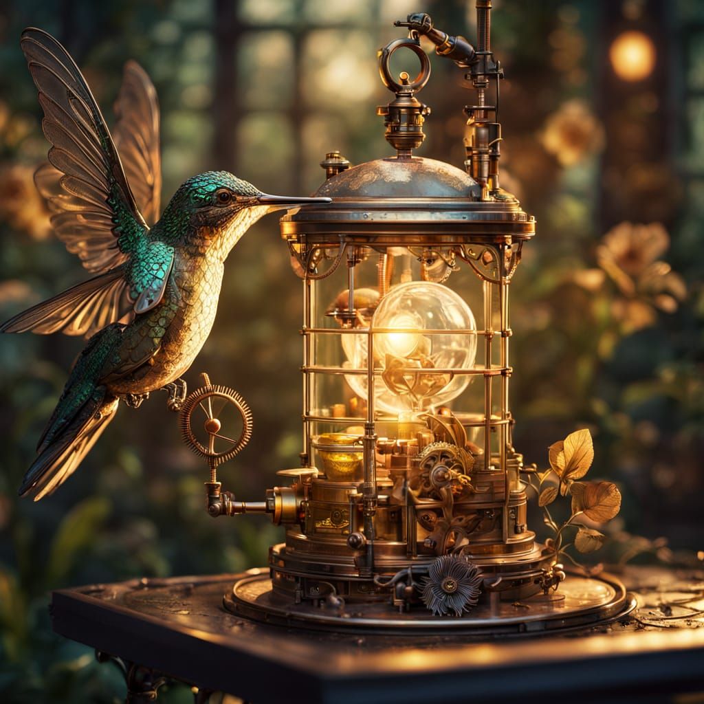 Clockwork Hummingbird in Steampunk Victorian Greenhouse
