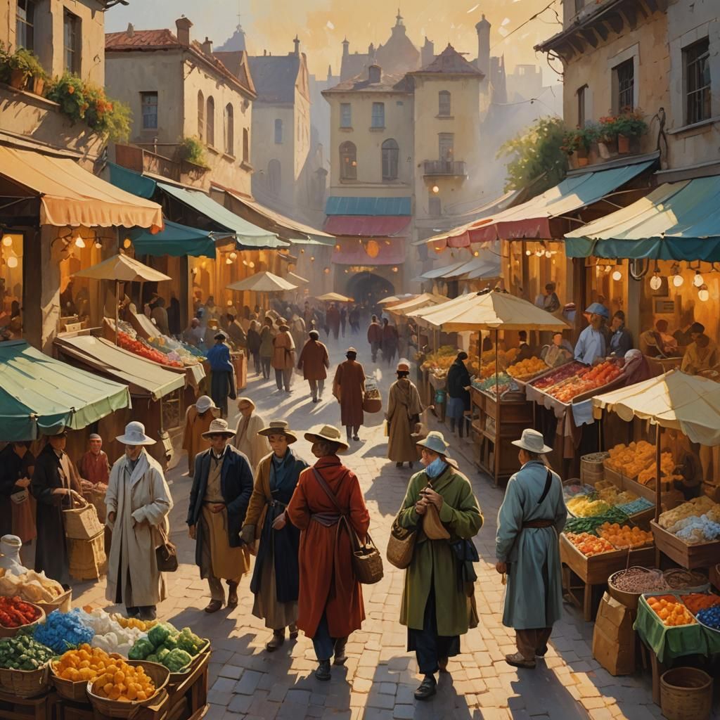 Vibrant Fantasy Market Scene in Impressionist Style