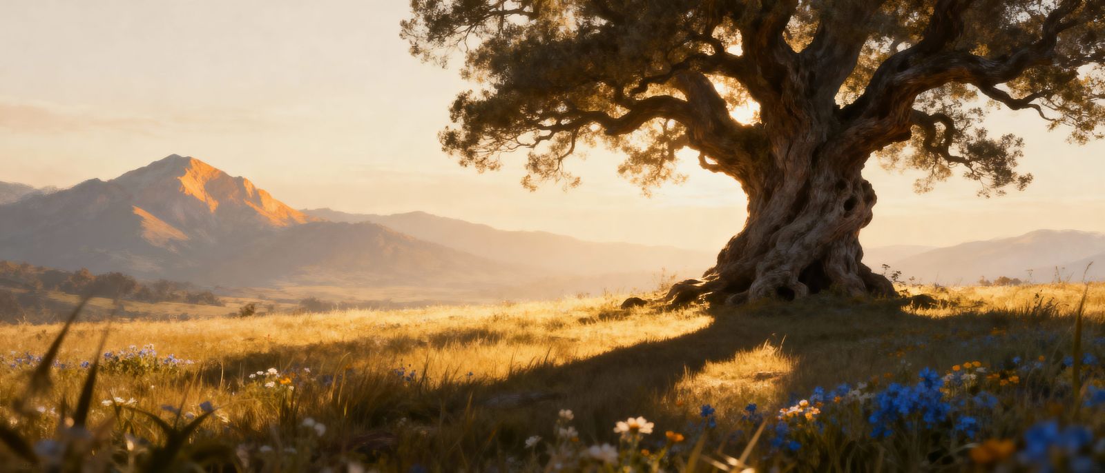 Golden Hour Landscape with Ancient Tree