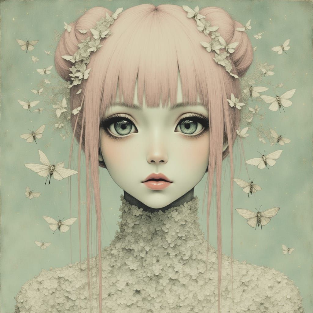 Edgy Japanese Woman in Ethereal Moth Dress