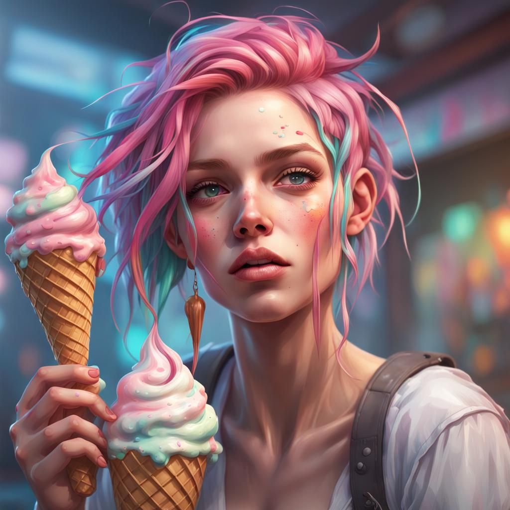 Ice Cream Girl Portrait in Hyperdetailed Splash Art Style